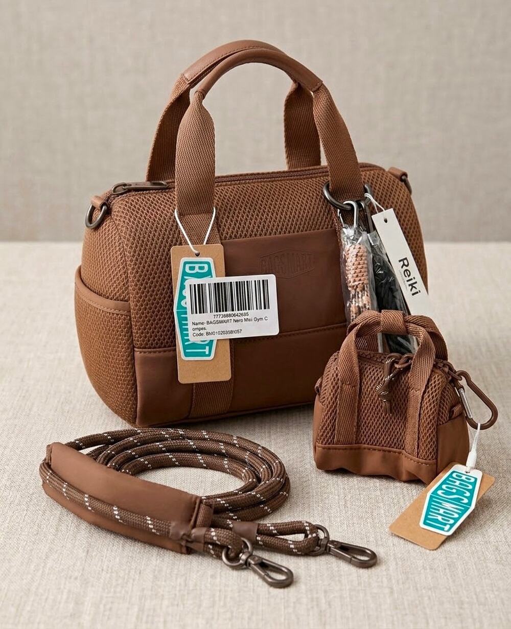 BAGSMART Reiki Mini Gym Bag 5L & Matching Mini Pouch Charm Set Sand Brown NWT